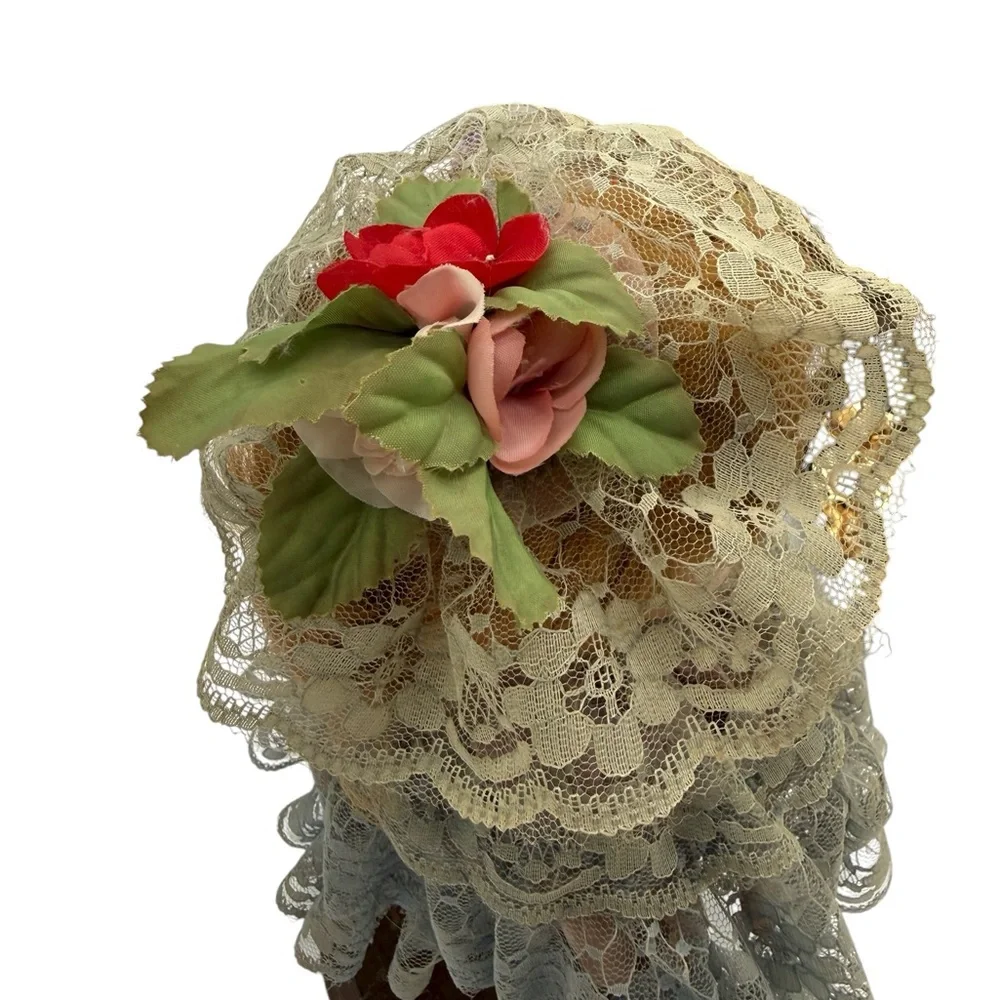 Porcelain Doll Bust Head on Stand with Lace Dress and Hat - Picture 7 of 8